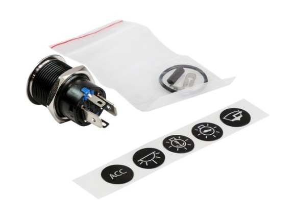 Кнопка без фиксации, подсветка синяя, наклейки, 12 В, 20А, 19мм