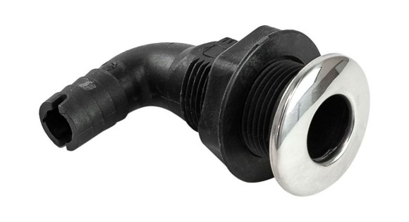 Разъем водосброса угловой пластиковый с крышкой из нержавеющей стали под шланг 19 мм, черный Разъем водосброса угловой пластиковый с крышкой из нержавеющей стали под шланг 19 мм, черный