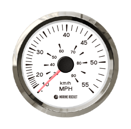 Спидометр манометрический 0-55 MPH, белый циферблат, нержавеющий ободок, д. 85 мм, Marine Rocket