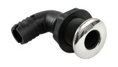 Разъем водосброса угловой пластиковый с крышкой из нержавеющей стали под шланг 25,4 мм, черный Разъем водосброса угловой пластиковый с крышкой из нержавеющей стали под шланг 25,4 мм, черный
