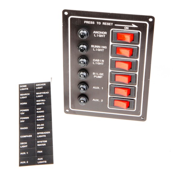 Панель бортового питания AAA с кулисными переключателями переключателей - 6, с индикацией, автоматов - 6, алюминиевая