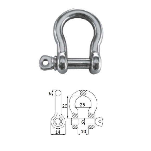 Скоба такелажная подкова с винтовым пальцем  6 мм сталь AISI 316 Скоба такелажная подкова с винтовым пальцем  6 мм сталь AISI 316