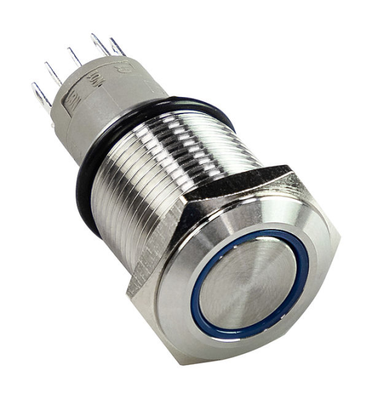 Кнопка без фиксации 12 В 3А, OFF-(ON) 5P, D16 синяя подсветка Кнопка без фиксации 12 В 3А, OFF-(ON) 5P, D16 синяя подсветка