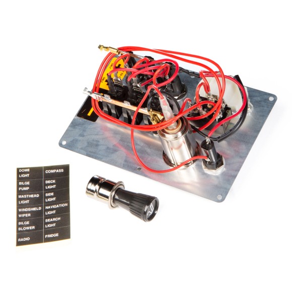 Панель бортового питания AAA с кулисными переключателями переключателей - 3, с индикацией, гнёзд предохранителей - 3, вольтметр, прикуриватель, алюминиевая