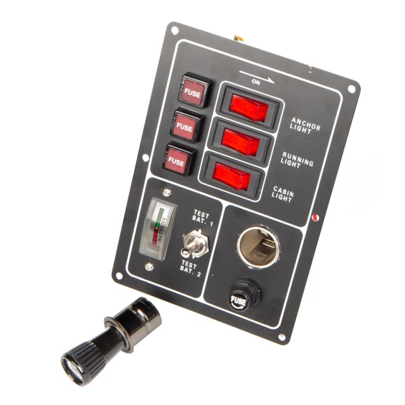 Панель бортового питания AAA с кулисными переключателями переключателей - 3, с индикацией, гнёзд предохранителей - 3, вольтметр, прикуриватель, алюминиевая