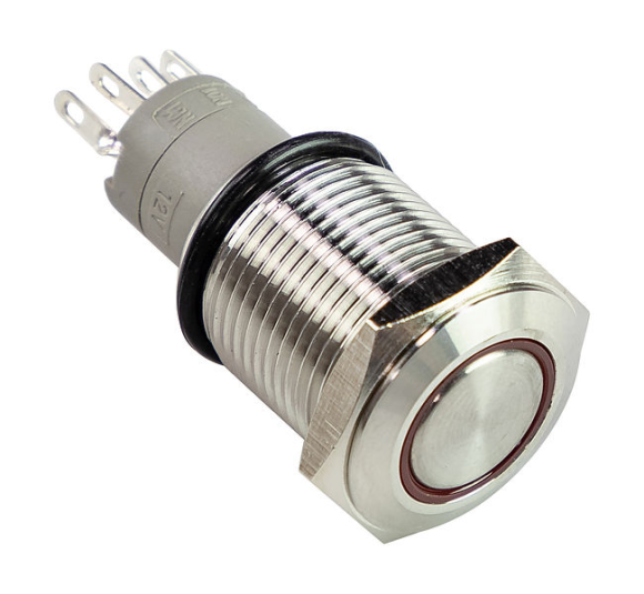 Кнопка без фиксации 12 В 3А, OFF-(ON) 5P, D16 красная подсветка Кнопка без фиксации 12 В 3А, OFF-(ON) 5P, D16 красная подсветка