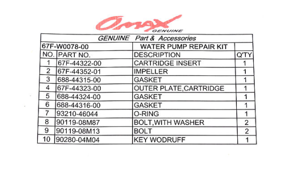 Ремкомплект помпы Yamaha F75-F100, Omax