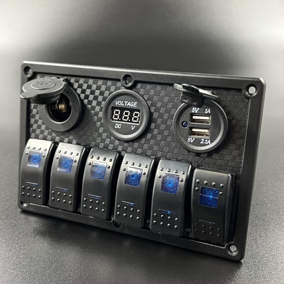 Панель управления (6 тумблеров вкл/выкл, 2 USB, розетка 12V, вольтметр) (PREMARINE) Панель управления (6 тумблеров вкл/выкл, 2 USB, розетка 12V, вольтметр) (PREMARINE)