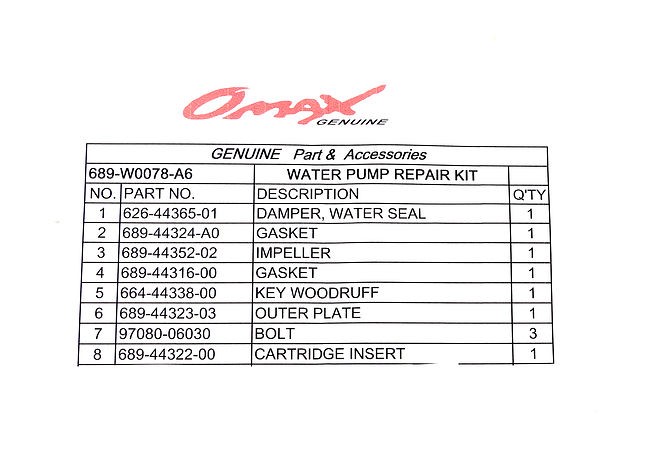 Ремкомплект помпы Yamaha 20-30A, Omax