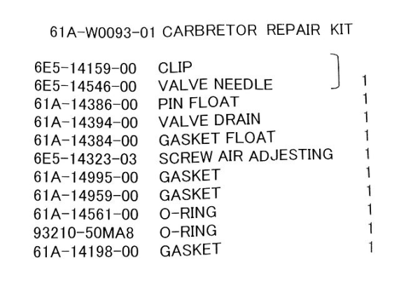 Ремкомплект карбюратора Yamaha 225/250 Ремкомплект карбюратора Yamaha 225/250