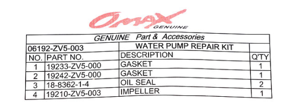 Ремкомплект помпы Honda BF35-50, (+ 2 сальника гр. вала), Omax