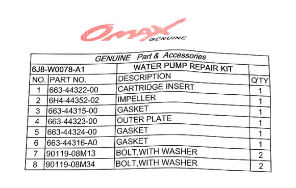 Ремкомплект помпы Yamaha 25-30D, Omax