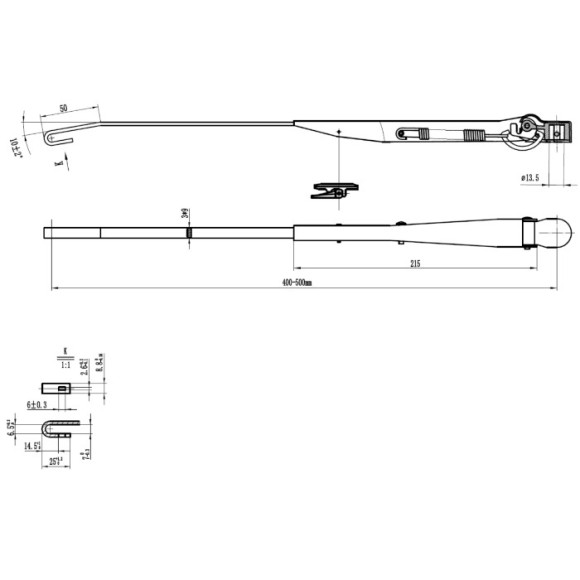 Поводок стеклоочистителя W.E 400-500мм, посадка на вал 13,5мм (тип-H)