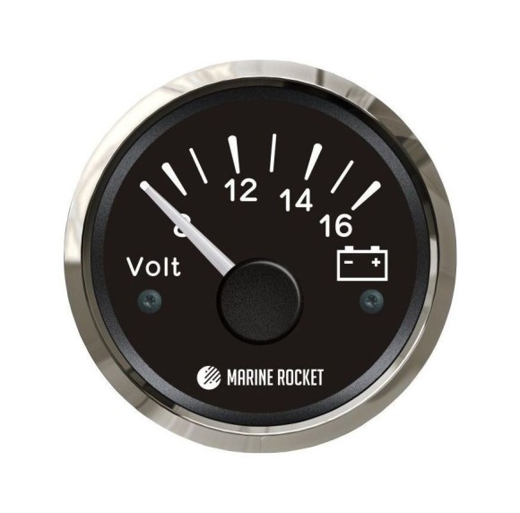 Вольтметр аналоговый 8-16 В, черный циферблат, нержавеющий ободок, д. 52 мм, Marine Rocket