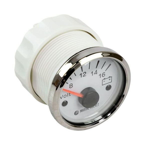 Вольтметр аналоговый 8-16 В, белый циферблат, нержавеющий ободок, д. 52 мм, Marine Rocket