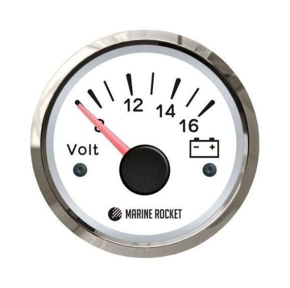 Вольтметр аналоговый 8-16 В, белый циферблат, нержавеющий ободок, д. 52 мм, Marine Rocket