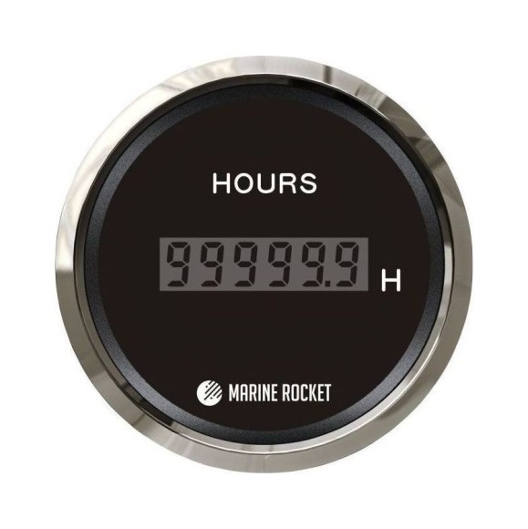 Счетчик моточасов цифровой 0-99999, 9 ч., черный циферблат, нержавеющий ободок, д. 52 мм, Marine Rocket