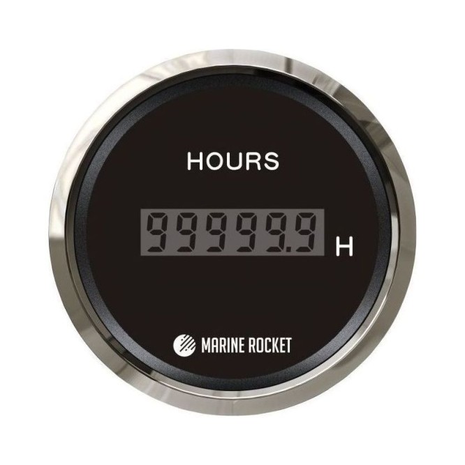 Счетчик моточасов цифровой 0-99999, 9 ч., черный циферблат, нержавеющий ободок, д. 52 мм, Marine Rocket