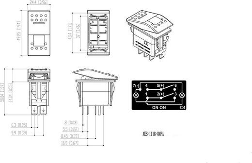 Переключатель двухпозиционный ON-ON 12 В/20А 7Р с подсветкой Переключатель двухпозиционный ON-ON 12 В/20А 7Р с подсветкой