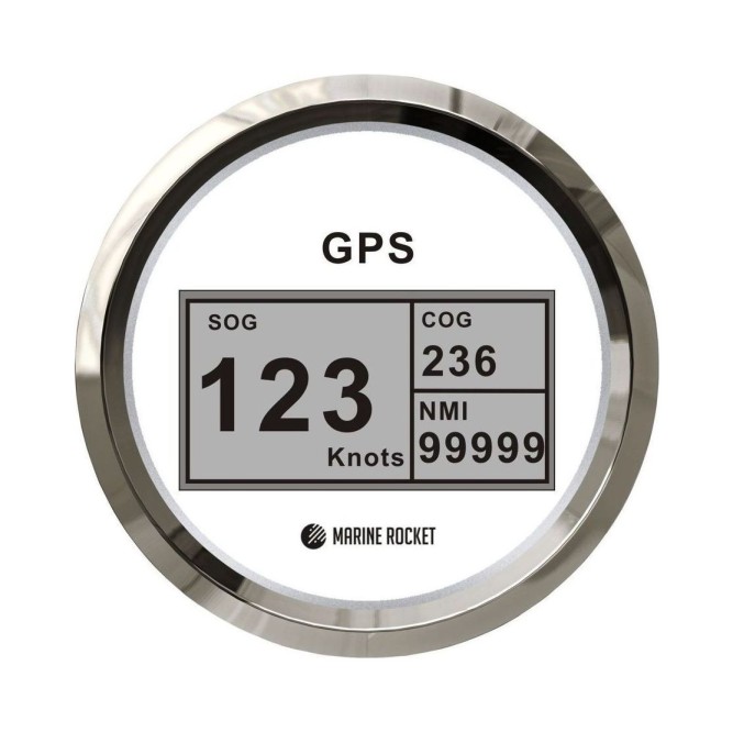 GPS-спидометр электронный, белый циферблат, нержавеющий ободок, выносная антенна, д. 85 мм, Marine Rocket
