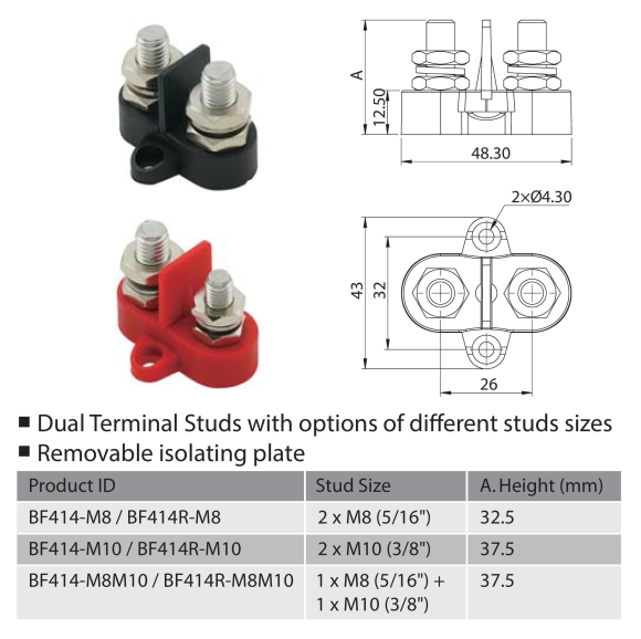 Клемма-штифт двойная с перегородкой, M8M10, черная Клемма-штифт двойная с перегородкой, M8M10, черная