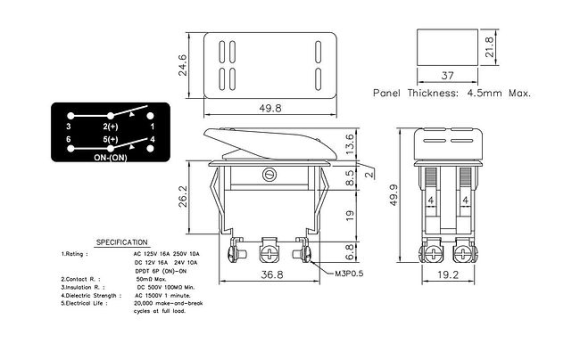 Переключатель двухпозиционный (ON)-ON 12 В/16А 6Р без фиксации 1 положения Переключатель двухпозиционный (ON)-ON 12 В/16А 6Р без фиксации 1 положения