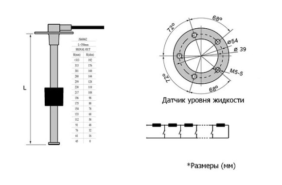 Датчик уровня 350 мм, 0-190 Ом, S5, Marine Rocket Датчик уровня 350 мм, 0-190 Ом, S5, Marine Rocket