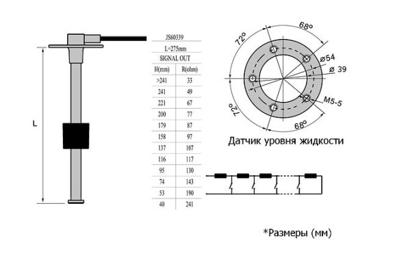 Датчик уровня 275 мм, 240-33 Ом, S5, Marine Rocket