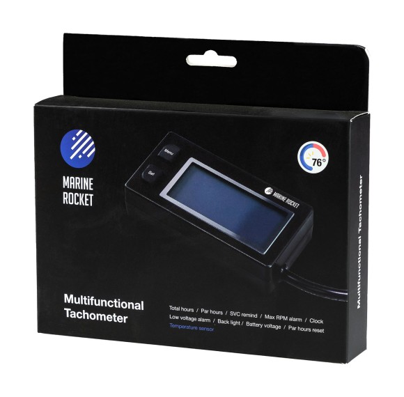 Тахометр универсальный со счетчиком моточасов, датчиком температуры, вольтметром, подсветкой, сменная батарейка