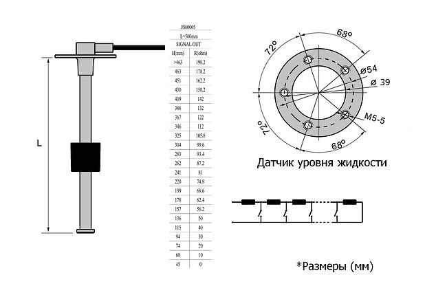 Датчик уровня 500 мм, 0-190 Ом, S5, Marine Rocket