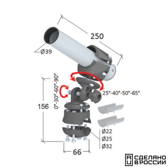 Держатель спиннинга сквозной на леер наклонный, нержавеющая сталь