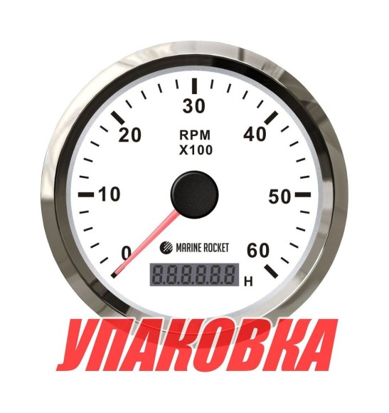 Тахометр 0-6000 об/мин со счетчиком моточасов делитель 0.5-250, белый циферблат, нержавеющий ободок, Marine Rocket (упаковка из 30 шт.)