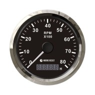 Тахометр 0-8000 об/мин со счетчиком моточасов делитель 0.5-250, черный циферблат, нержавеющий ободок, Marine Rocket Тахометр 0-8000 об/мин со счетчиком моточасов делитель 0.5-250, черный циферблат, нержавеющий ободок, Marine Rocket