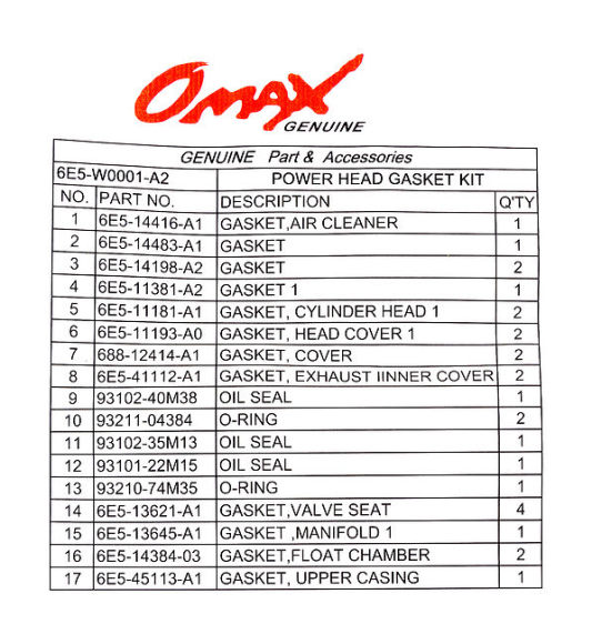 Ремкомплект прокладок блока Yamaha 115A, Omax
