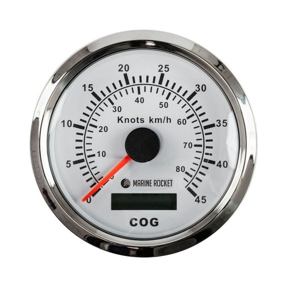 GPS-спидометр аналоговый 0-45 узлов, белый циферблат, нержавеющий ободок, выносная антенна, д. 85 мм, Marine Rocket