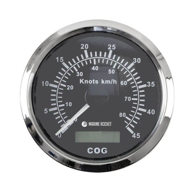 GPS-спидометр аналоговый 0-45 узлов, черный циферблат, нержавеющий ободок, выносная антенна, д. 85 мм, Marine Rocket