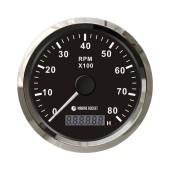 Тахометр 0-8000 об/мин со счетчиком моточасов делитель 1-10, черный циферблат, нержавеющий ободок, Marine Rocket Тахометр 0-8000 об/мин со счетчиком моточасов делитель 1-10, черный циферблат, нержавеющий ободок, Marine Rocket