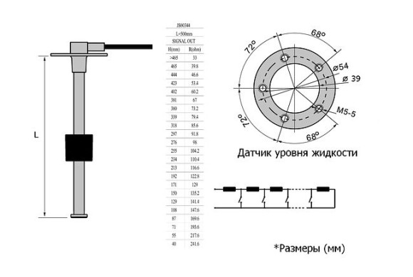 Датчик уровня 500 мм, 240-33 Ом, S5, Marine Rocket