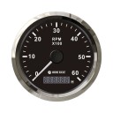 Тахометр 0-6000 об/мин со счетчиком моточасов делитель 1-10, черный циферблат, нержавеющий ободок, Marine Rocket