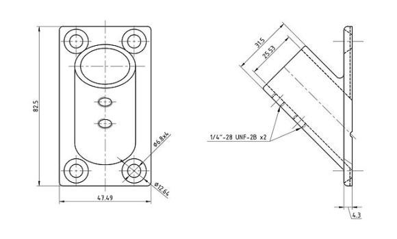 Основание стойки леера 1" (25,4 мм), 45 град, прямоугольное