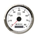 Тахометр 0-8000 об/мин со счетчиком моточасов делитель 1-10, белый циферблат, нержавеющий ободок, Marine Rocket