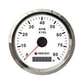 Тахометр 0-8000 об/мин со счетчиком моточасов делитель 1-10, белый циферблат, нержавеющий ободок, Marine Rocket Тахометр 0-8000 об/мин со счетчиком моточасов делитель 1-10, белый циферблат, нержавеющий ободок, Marine Rocket