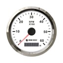 Тахометр 0-6000 об/мин со счетчиком моточасов делитель 1-10, белый циферблат, нержавеющий ободок, Marine Rocket