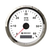 Тахометр 0-6000 об/мин со счетчиком моточасов делитель 1-10, белый циферблат, нержавеющий ободок, Marine Rocket Тахометр 0-6000 об/мин со счетчиком моточасов делитель 1-10, белый циферблат, нержавеющий ободок, Marine Rocket