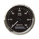 Тахометр 0-6000 об/мин со счетчиком моточасов делитель 0.5-250, черный циферблат, нержавеющий ободок, Marine Rocket