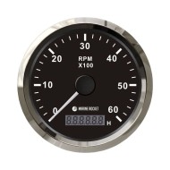 Тахометр 0-6000 об/мин со счетчиком моточасов делитель 0.5-250, черный циферблат, нержавеющий ободок, Marine Rocket Тахометр 0-6000 об/мин со счетчиком моточасов делитель 0.5-250, черный циферблат, нержавеющий ободок, Marine Rocket