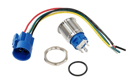 Кнопка с фиксацией в комплекте с контактным разъемом, 12 В 3А, OFF-ON 5P, D19 белая подсветка Кнопка с фиксацией в комплекте с контактным разъемом, 12 В 3А, OFF-ON 5P, D19 белая подсветка