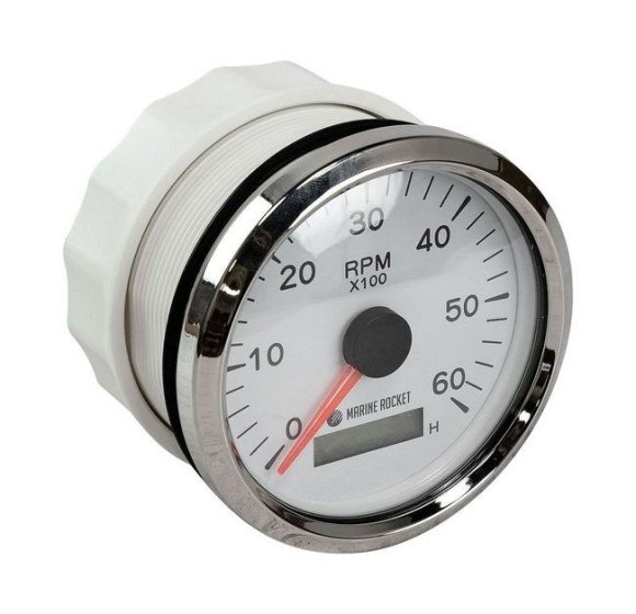 Тахометр 0-6000 об/мин со счетчиком моточасов делитель 0.5-250, белый циферблат, нержавеющий ободок, Marine Rocket Тахометр 0-6000 об/мин со счетчиком моточасов делитель 0.5-250, белый циферблат, нержавеющий ободок, Marine Rocket