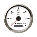 Тахометр 0-6000 об/мин со счетчиком моточасов делитель 0.5-250, белый циферблат, нержавеющий ободок, Marine Rocket