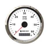 Тахометр 0-6000 об/мин со счетчиком моточасов делитель 0.5-250, белый циферблат, нержавеющий ободок, Marine Rocket Тахометр 0-6000 об/мин со счетчиком моточасов делитель 0.5-250, белый циферблат, нержавеющий ободок, Marine Rocket